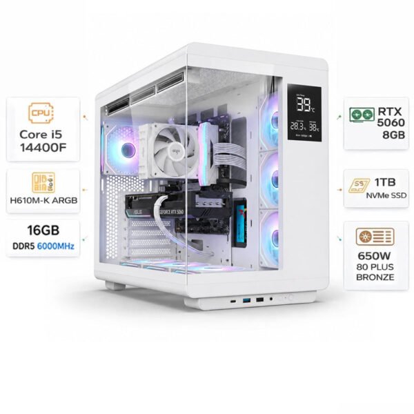 كمبيوتر ألعاب مخصص Intel Core i5-14400F، RTX 5060 8GB، (1*16)16GB RAM DDR5 6000MHz، 1TB SSD، Windows 11 Pro
