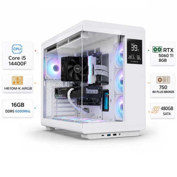 Custom gaming PC with an Intel Core i5 14th Gen 14400F processor, an RTX 5060 Ti graphics card with 8 GB of memory, 16 GB DDR5 RAM running at 6000 MHz, and Windows 11 Pro