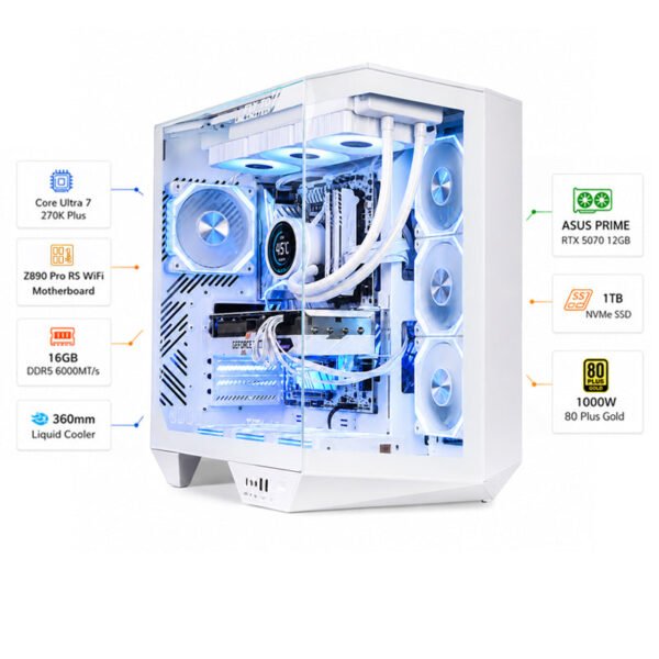 A dedicated gaming PC with an Intel Core i7-270K processor, an ASUS Prime RTX 5070 graphics card with 12 GB of memory, 16 GB of DDR5 RAM running at 6,000 million transfers per second, a 1 TB NVMe SSD, and Windows 11 Pro