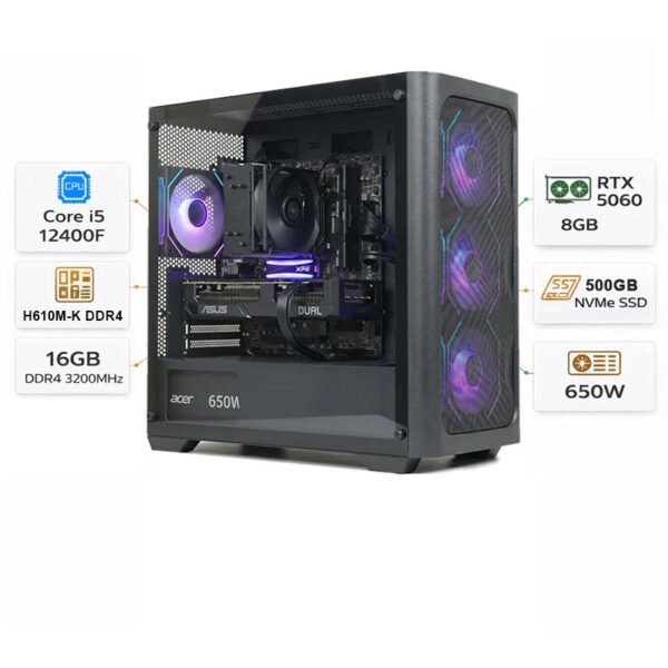 Custom gaming PC with an Intel Core i5-12400F processor, an RTX 5060 graphics card with 8 GB of VRAM, 16 GB of DDR4 RAM, and Windows 11 Pro