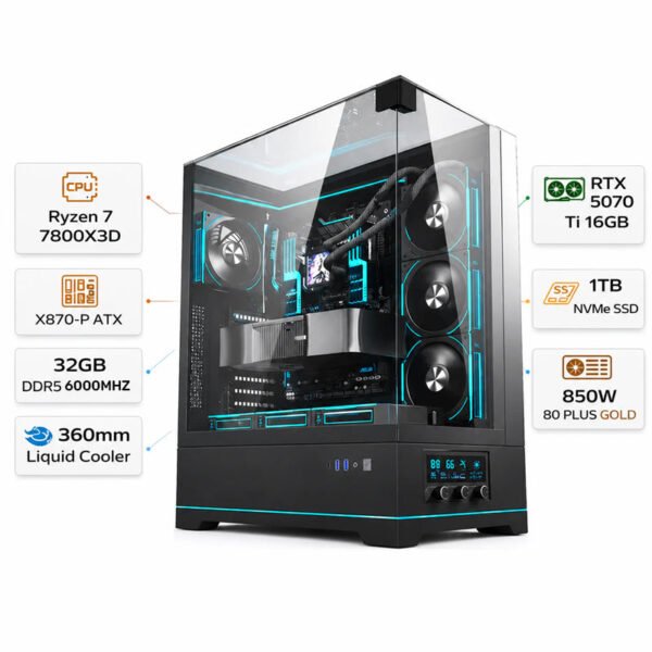 Gaming PC with an AMD Ryzen 7-7800X3D processor, an RTX 5070 Ti graphics card with 16 GB of memory, 32 GB of DDR5 RAM running at 6,000 MHz, a 1 TB NVMe SSD, and Windows 11
