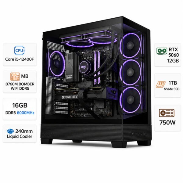 Gaming PC with an Intel Core i7-14700F processor, an RTX 5070 graphics card with 12 GB of memory, 16 GB of DDR5 RAM running at 6,000 MHz, a 2 TB NVMe SSD, and Windows 11