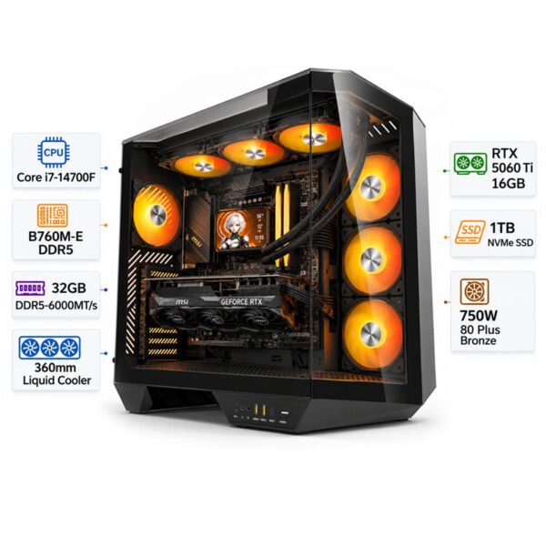 Custom Gaming PC Intel Core I7-14700F, RTX 5060 Ti 16GB، RAM 32GB DDR5 6000MT/s, 1TB NVMe SSD, Windows 11 Pro