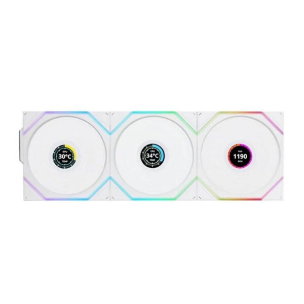 LIAN LI UNI FAN TL مراوح LCD لاسلكية عكسية مقاس 120 مم ARGB مع شاشة LCD مقاس 1.6 بوصة (3 عبوات) - أبيض