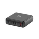 شاحن مكتبي SIA GaN بقدرة 200 واط – 6 منافذ (5 × USB-C + 1 × USB-A) – أسود – بريطانيا